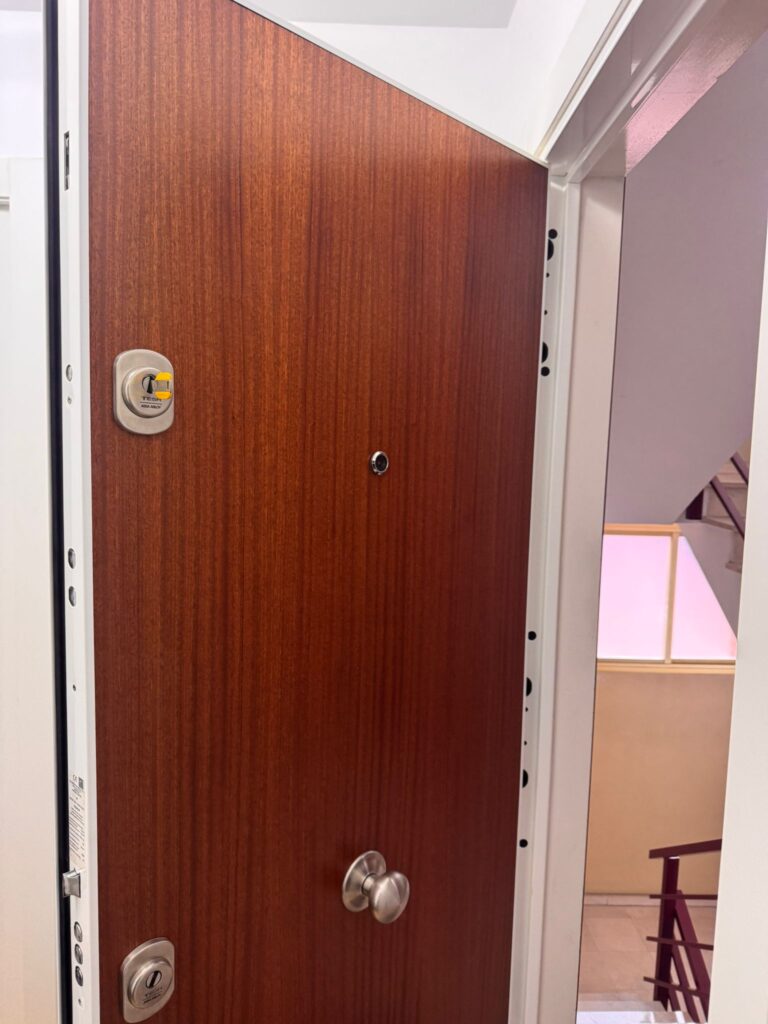 Puerta acorazada con acabado madera wengué, bombín TESA y pomo de acero inoxidable